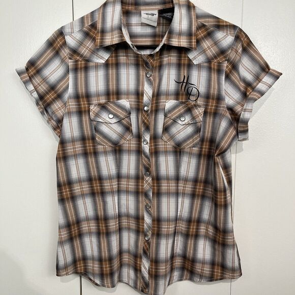 Harley Davidson Plaid Shirt Women's Medium Embroidered Western Cut Pearl Snap - Picture 8 of 8